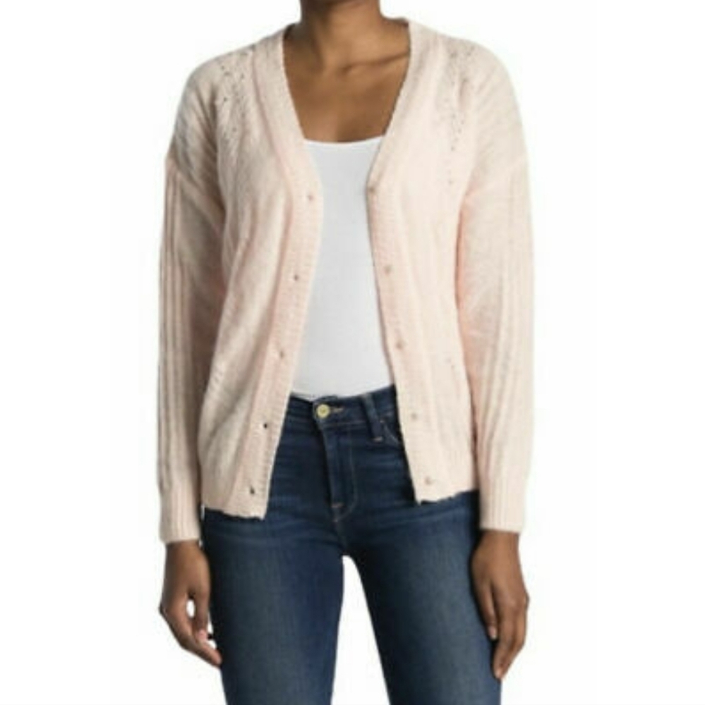 FRNCH Paris Wool Blend Laeila V-Neck Pointelle Pink Cardigan